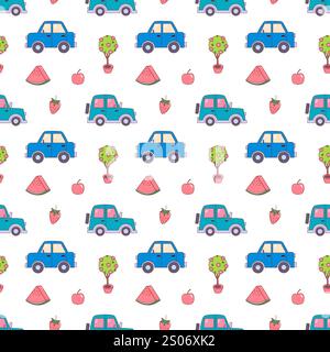 Cartoon Cars Hintergrund für Jungen. Transportmuster für die Gestaltung von Textilien für Kinder, Stoffdruck, Babykleidung. Nahtloses Muster im Kinderzimmer Stock Vektor