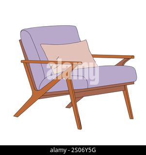Violetter Stuhl mit Holzgestell und rosafarbenem Kissen Stock Vektor