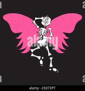 Skelett mit Schmetterlingsflügeln auf schwarzem Hintergrund. Vektorabbildung. Stock Vektor