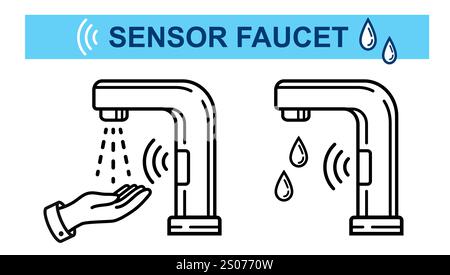 Berührungsloser Sensor-Wasserhahn, Waschhand, automatischer intelligenter kontaktloser Spülwasserhahn in Toiletten. Handhauthygienreinigung. Symbol für Sanitärleitungen im Badezimmer Stock Vektor