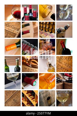 Gläser und Flaschen Wein auf einer Collage Stockfoto