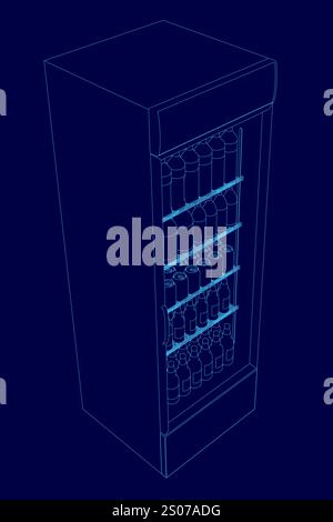 Blaues 3D-Bild eines Kühlschranks mit blauem Hintergrund. Der Kühlschrank ist voll mit Limonadosen Stock Vektor