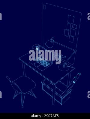 Blaue Zeichnung eines Schreibtisches mit Laptop und Stuhl. Der Schreibtisch ist für Arbeit oder Studium eingerichtet Stock Vektor