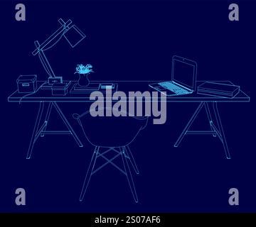 Blaue Zeichnung eines Schreibtisches mit Laptop, Lampe und Stuhl. Die Lampe ist eingeschaltet und sorgt für eine warme und einladende Atmosphäre Stock Vektor