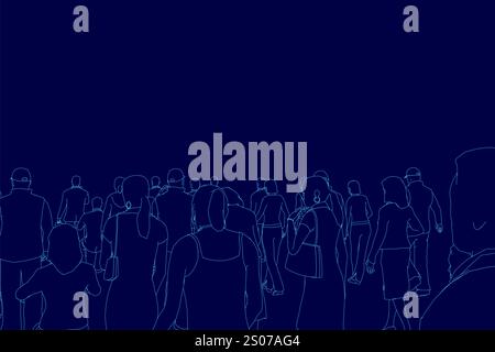 Eine Gruppe von Personen steht in einer Schlange. Das Bild ist blau und die Menschen sind stilisiert gezeichnet. Die Szene ist etwas düster Stock Vektor
