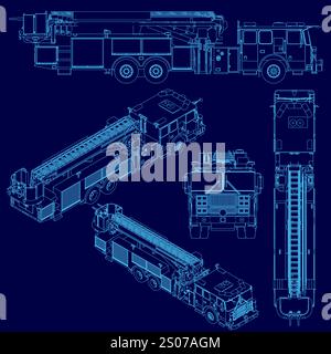 Blaue Zeichnung eines Feuerwehrwagens mit einer Leiter an der Vorderseite. Die Zeichnung ist schwarz und zeigt eine Nahaufnahme des Fahrzeugs Stock Vektor