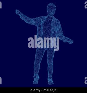 Der Mann steht auf blauem Hintergrund mit einem blauen Hemd. Er trägt eine Jacke und hat eine Hand hochgehoben. Das Bild ist ein digitales Bild einer Person in Bewegung Stock Vektor