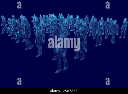 Personengruppen werden mit blauem Hintergrund angezeigt. Die Leute stehen alle in einer Schlange, und sie tragen alle die gleiche Farbe. Das Bild hat einen Sinn Stock Vektor