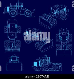 Blaue Zeichnung eines Traktors mit großem Pflug. Der Traktor wird aus verschiedenen Winkeln und in verschiedenen Größen dargestellt Stock Vektor
