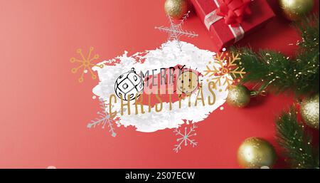Bild von weihnachtsgrüßen Text über weihnachtsdekorationen Stockfoto