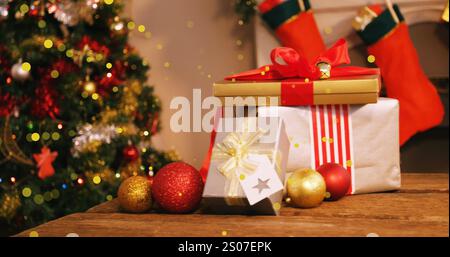 Bild von Punkten, die sich über Geschenke und weihnachtsbaum bewegen Stockfoto