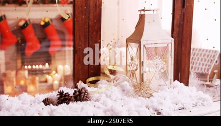 Bild von Punkten, die über das Fenster mit weihnachtsdekoration ziehen Stockfoto