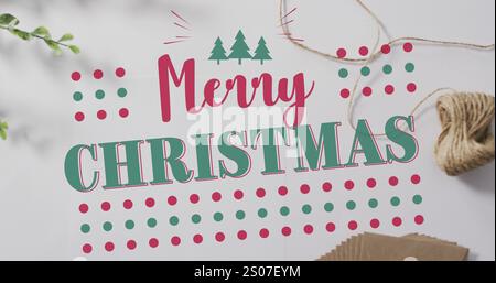 Bild von weihnachtsgrüßen Text über weihnachtsdekorationen Stockfoto