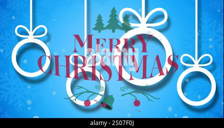 Bild von weihnachtsgrüßen Text über weihnachtsdekorationen Stockfoto