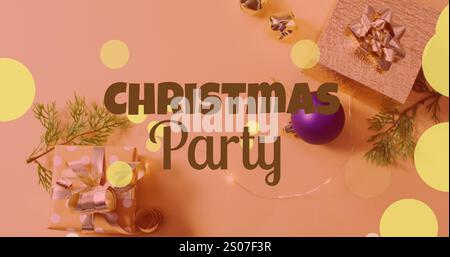 Bild von weihnachtsfeier Text über weihnachtsschmuck Stockfoto
