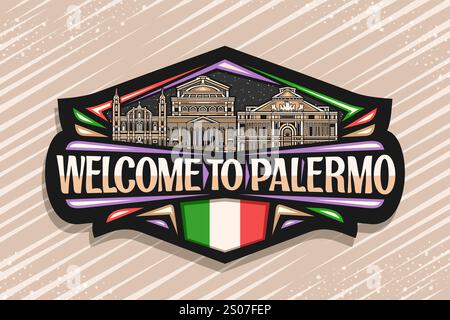 Vektor-Logo für Palermo, schwarzer dekorativer Tag mit Umrissillustration der historischen palermo Stadtlandschaft auf Abendhimmel Hintergrund, Kunstdesign Horizont Stock Vektor
