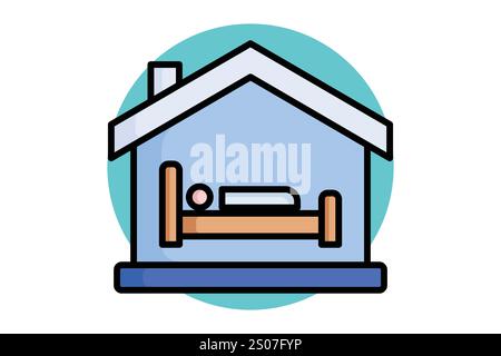 Symbol „Unterkunft“. Symbolstil für farbige Umrisse. Haus mit Bett. Symbol für Spenden und Wohltätigkeitsorganisationen. Vektorillustration für Spendenelemente Stock Vektor