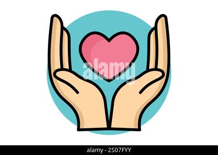 Wohltätigkeitssymbol. Symbolstil für farbige Umrisse. Hand mit Herz. Symbol für Spenden und Wohltätigkeitsorganisationen. Vektorillustration für Spendenelemente Stock Vektor