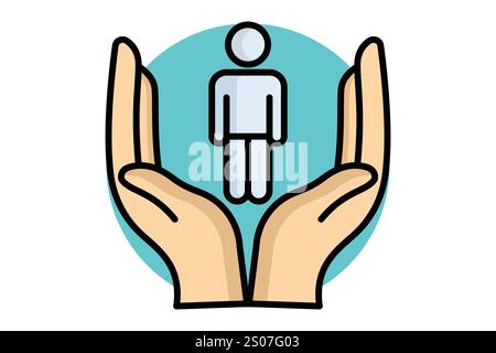 Symbol für humanitäre Hilfe. Symbolstil für farbige Umrisse. Hand mit Menschen. Symbol für Spenden und Wohltätigkeitsorganisationen. Vektorillustration für Spendenelemente Stock Vektor