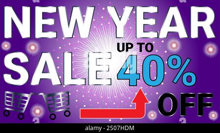 Neujahrsverkauf bis zu 40 % Rabatt auf Banner mit Indigo- und weißem radialem Hintergrund und Sonnenschliff Stock Vektor