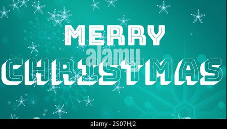 Bild von fröhlichem weihnachtstext mit Schneeflocken, die sich auf blauem Hintergrund bewegen Stockfoto