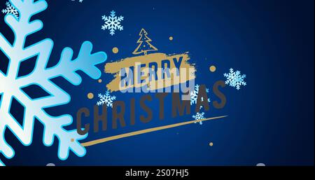 Bild von Frohe weihnachten Text mit weihnachtsbaum und Schneeflocken auf blauem Hintergrund Stockfoto