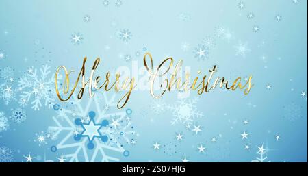 Bild von fröhlichem weihnachtstext und Schneeflocken, die auf blauem Hintergrund fallen Stockfoto