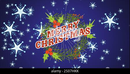 Bild von fröhlichem weihnachtstext mit Kranz und Schneeflocken, die sich auf blauem Hintergrund bewegen Stockfoto