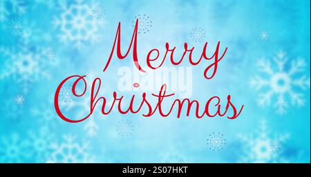 Bild: Roter Text für frohe weihnachten mit Schneeflocken auf blauem Hintergrund Stockfoto