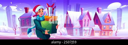 Cartoon Winter Weihnachten Stadt mit Mann mit Weihnachtsgeschenkboxen vor Vorstädten und Wolkenkratzern Silhouetten. Schneebedeckte Nachbarschaft mit Panoramablick und festlichen Girlanden. Stock Vektor