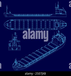 Blaue Zeichnung eines Schiffes mit blauem Hintergrund. Das Schiff wird in drei verschiedenen Ansichten gezeigt, wobei die Draufsicht die Oberseite des Schiffes und den Boden zeigt Stock Vektor