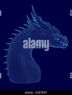 Blauer Drache mit langem Hals und spitzen Haaren. Der Drache wird in stilisierter, pixeliger Weise dargestellt Stock Vektor