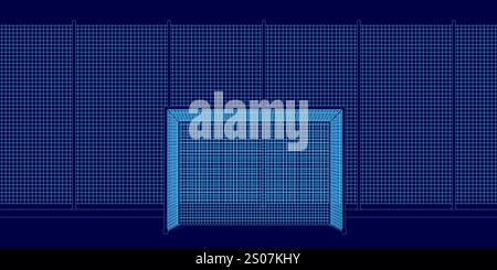 Das Bild ist eine blaue Zeichnung eines Fußballtors mit blauem Hintergrund. Die Zeichnung ist sehr detailliert Stock Vektor