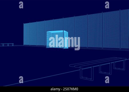 Das Bild ist eine blaue Zeichnung eines Fußballtors mit blauem Hintergrund. Die Zeichnung ist sehr detailliert Stock Vektor