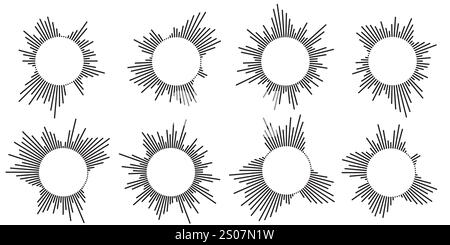 Satz von Symbolen für kreisförmige Welligkeit. Konzentrische Kreise mit unterbrochenen Linien, die auf weißem Hintergrund isoliert sind. Vortex, Sonarwelle, Schallwelle, Sonnenschein, Signalzeichen Stock Vektor