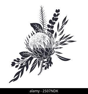 Schwarze Silhouette von tropischen Protea-Blumen und Blättern Bouquet Stock Vektor