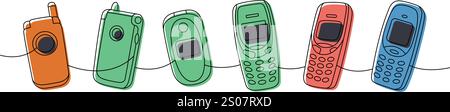 Retro-Telefone, einzeilige, durchgehende Zeichnung. Handy Klapptelefon, altes Handy. Lineare Vektordarstellung. Stock Vektor
