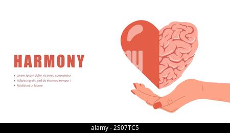 Herz-Hirn-Verbindung. Harmony-Konzept. Vernünftige und emotionale Wahl. Weibliche Hand, die Herz mit Gehirn hält. Vektorabbildung in Stock Vektor