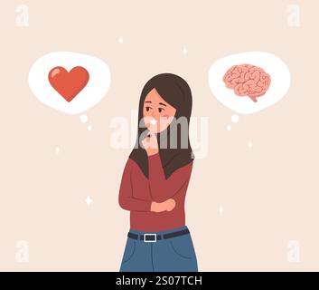 Gleichgewicht zwischen Herz und Gehirn. Emotionale Intelligenz. Arabische weibliche Figur im Hijab, die zwischen Gefühlen und Verstand wählt. Vektor Stock Vektor