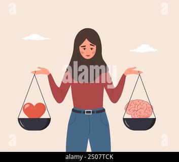 Herz-Hirn-Balance. Vernünftige und emotionale Wahl. Karikatur islamische weibliche Figur, die Gehirn und Herz auf Wippe betrachtet. Abgewickelter Vektor Stock Vektor