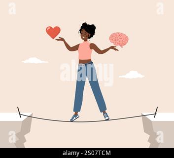 Gleichgewicht zwischen Gehirn und Herz. Kontrollgefühl und Emotionskonzept. Afrikanische Frau versucht, ein Gleichgewicht zwischen Instinkt und Intellekt zu finden. Vektor Stock Vektor
