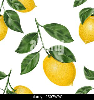 Saftige gelbe Zitronen auf Zweigen mit Blättern. Nahtloses Muster ohne Hintergrund. Zitrusfrüchte und -Pflanzen. Aquarellabbildung Stockfoto