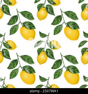 Saftige gelbe Zitronen auf Zweigen mit Blättern. Nahtloses Muster ohne Hintergrund. Zitrusfrüchte und -Pflanzen. Aquarellabbildung Stockfoto