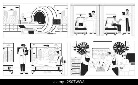 Krankenhaus medizinische Behandlung schwarz-weiße Linie Illustrationen Set Stock Vektor