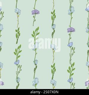 Nahtloses Blumenmuster mit wunderschönen rosa lila und blauen Blüten. Skizzierte Vektordarstellung Stock Vektor