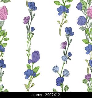 Nahtloses Blumenmuster mit wunderschönen rosa lila und blauen Blüten. Skizzenhafter Vektor mit Wildblumen Stock Vektor
