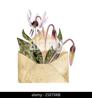 Frühlingsblumen, weiße Kitzforellenlilie mit gefleckten grünen Blättern, Erythronium im Briefumschlag aus handgezeichnetem Papier, handgezeichnet in Aquarell. Buchstabenstrauß Stockfoto