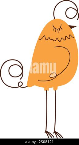 Minimalistische Illustration eines orangen Vogels mit geschwungenem Schwanz und zarten Details, mit skurrilem und verspieltem Liniendesign. Skurriles Orange Stock Vektor