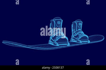 Blau-weißes Bild eines Snowboards mit zwei Snowboardstiefeln. Das Bild ist gepixelt und verleiht ihm einen futuristischen Look Stock Vektor