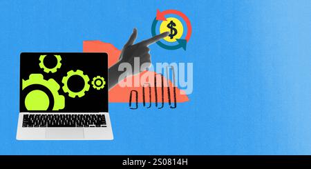 Poster. Zeitgenössische Kunstcollage. Hand zeigt auf das Dollarzeichen, umgeben von bunten Pfeilen, Laptop mit grünen Zahnrädern auf dem Bildschirm vor der roten Grafik. Stockfoto